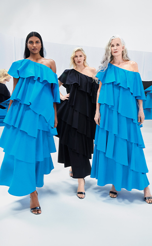 asymmetric flounce construction dress in Blue and Black, designed by Sara Battaglia for the new FW24 Marina Rinaldi Collection